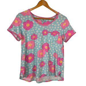 Cuddl Duds Floral Teal Pink Sleep Shirt Women's Size Small Diasies Colorful